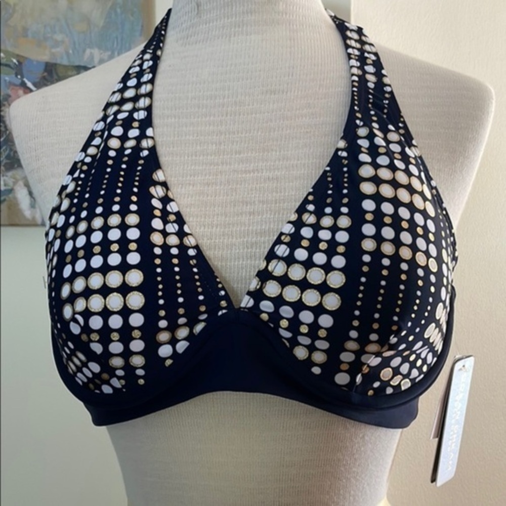 Ocean Dream Women's Halter Bikini Top Polka Dot Navy/White Regular Size 10